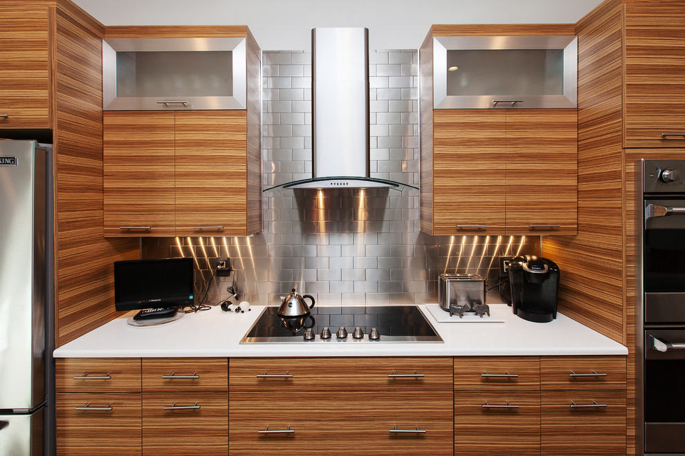 タンパにあるコンテンポラリースタイルのおしゃれなアイランドキッチン (メタリックのキッチンパネル、サブウェイタイルのキッチンパネル、シルバーの調理設備、フラットパネル扉のキャビネット) の写真