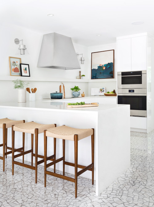 Mosaic Magic: White Cabinetry with White Mosaic Floor Tiles