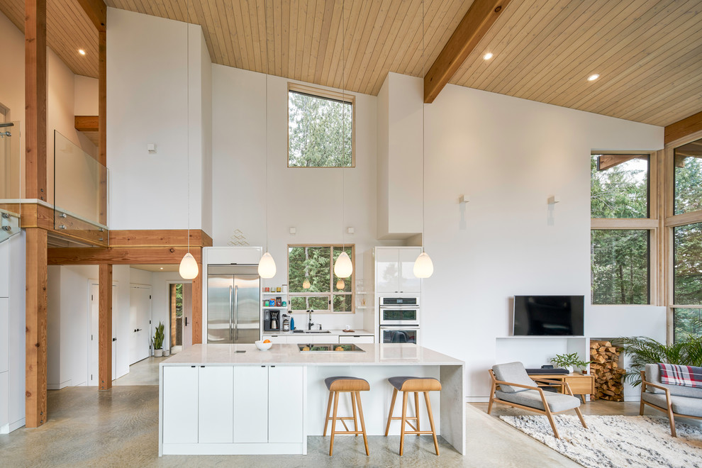 Modern inredning av ett vit vitt kök, med en undermonterad diskho, släta luckor, vita skåp, rostfria vitvaror, betonggolv, en köksö och grått golv