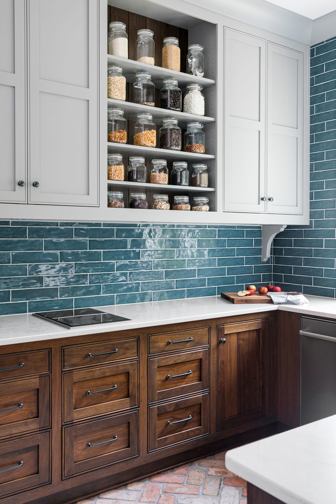 Inspiration for a mid-sized transitional u-shaped brick floor and red floor kitchen pantry remodel in Atlanta with an undermount sink, flat-panel cabinets, gray cabinets, quartz countertops, blue backsplash, ceramic backsplash, stainless steel appliances, no island and white countertops