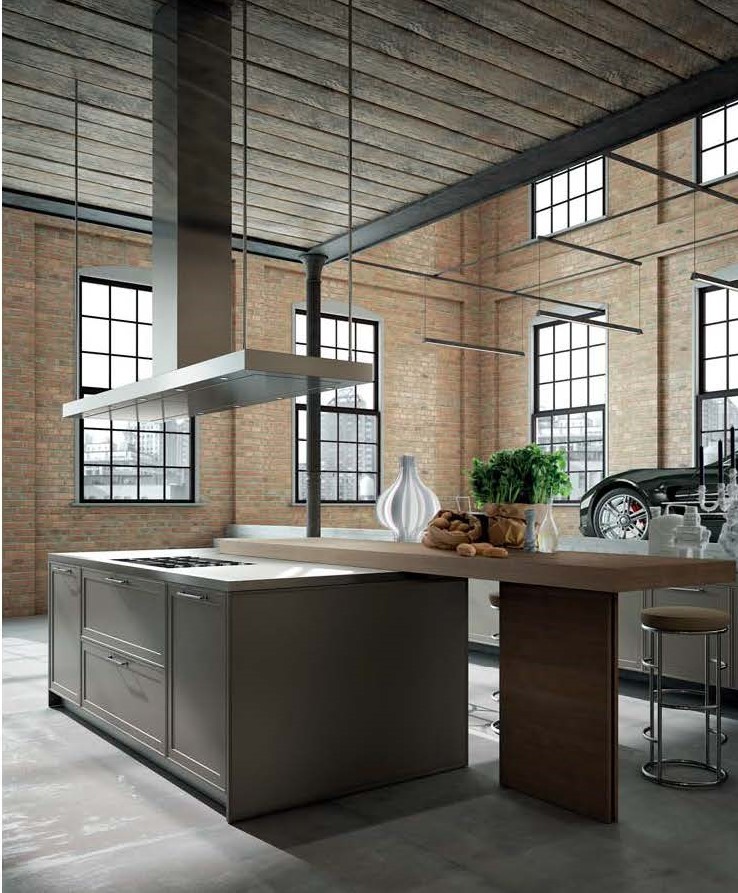 Foto på ett stort industriellt kök, med skåp i shakerstil, skåp i mellenmörkt trä, träbänkskiva, betonggolv, flera köksöar och grått golv
