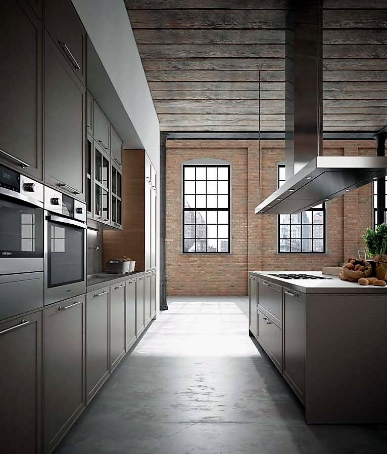 Bild på ett stort industriellt kök, med skåp i shakerstil, skåp i mellenmörkt trä, träbänkskiva, betonggolv, grått golv och en köksö