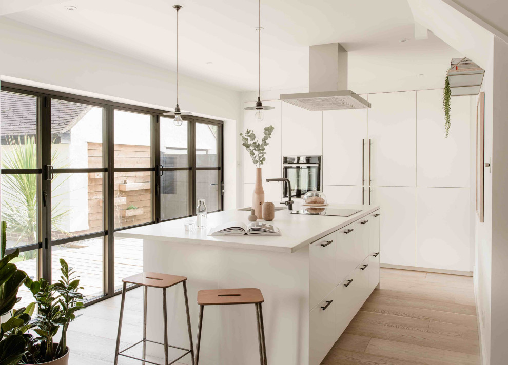 Идея дизайна: п-образная кухня-гостиная среднего размера в скандинавском стиле с плоскими фасадами, белыми фасадами, столешницей из бетона, черной техникой, островом и серой столешницей