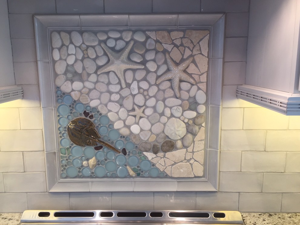 Inspiration for a coastal kitchen remodel in Boston with granite countertops and mosaic tile backsplash