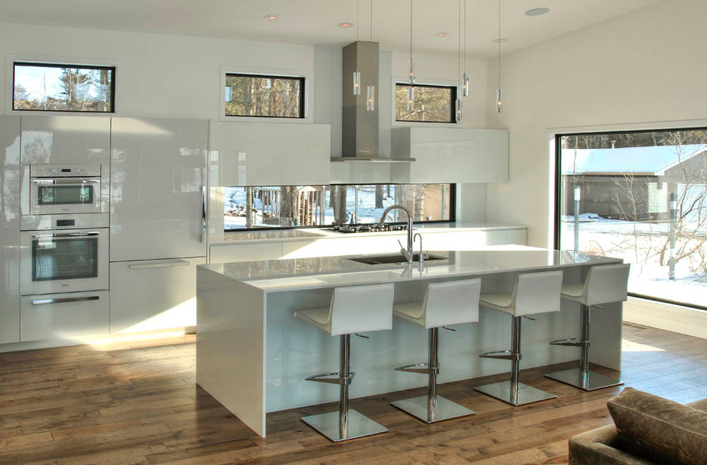 Idéer för ett stort modernt linjärt kök med öppen planlösning, med en dubbel diskho, släta luckor, vita skåp, fönster som stänkskydd, rostfria vitvaror, mellanmörkt trägolv, en köksö och brunt golv