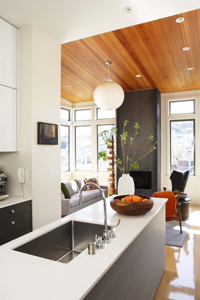 Идея дизайна: кухня-гостиная в современном стиле с врезной мойкой, плоскими фасадами и серыми фасадами