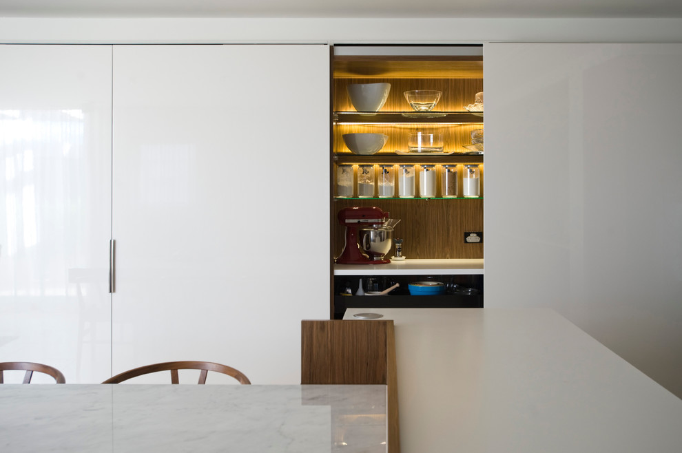 Источник вдохновения для домашнего уюта: глянцевая кухня в современном стиле с плоскими фасадами и белыми фасадами