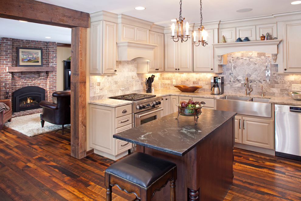 Large elegant l-shaped medium tone wood floor enclosed kitchen photo in Minneapolis with a farmhouse sink, recessed-panel cabinets, white cabinets, stainless steel appliances, an island and gray backsplash