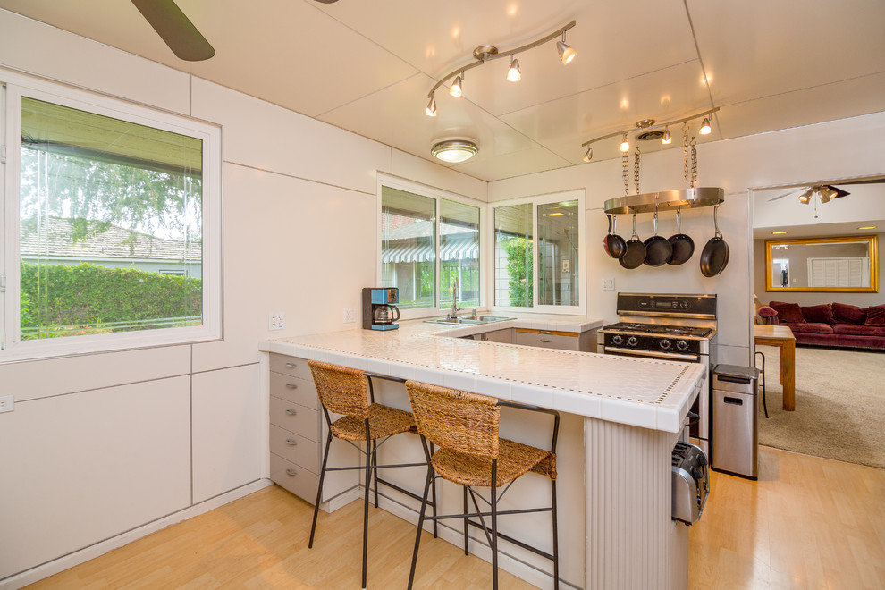 Klassische Küche mit Einbauwaschbecken, grauen Schränken, hellem Holzboden und Halbinsel in Orange County