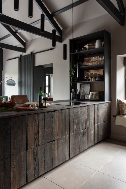 Rustic Charm: Open Kitchen Storage Cabinets with Dark Wood Cupboards