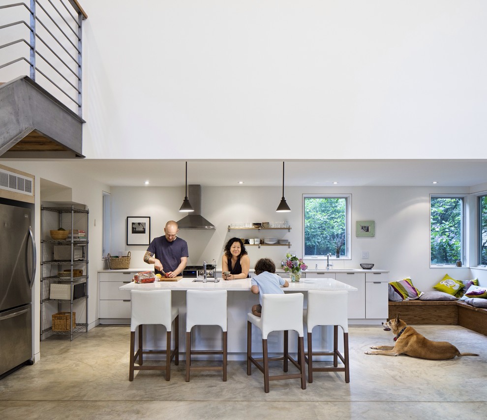 Идея дизайна: параллельная кухня-гостиная в современном стиле с плоскими фасадами и белыми фасадами