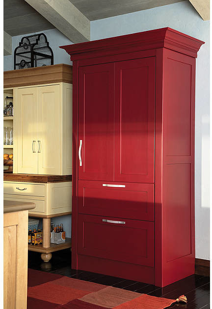 クリーブランドにある高級な中くらいなエクレクティックスタイルのおしゃれなキッチン (シェーカースタイル扉のキャビネット、赤いキャビネット、シルバーの調理設備、濃色無垢フローリング) の写真