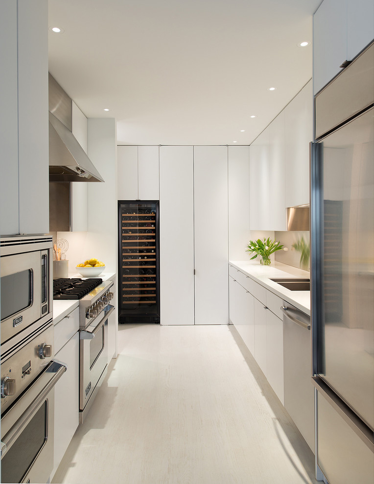 ワシントンD.C.にあるコンテンポラリースタイルのおしゃれなII型キッチン (フラットパネル扉のキャビネット、白いキャビネット、シルバーの調理設備、アイランドなし) の写真