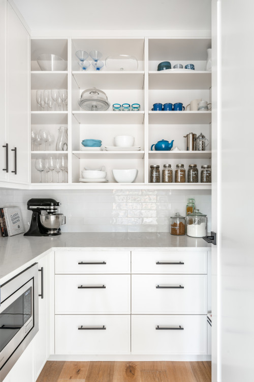 Gray Hardware Elegance: Open Kitchen Pantry Storage with White Cabinets