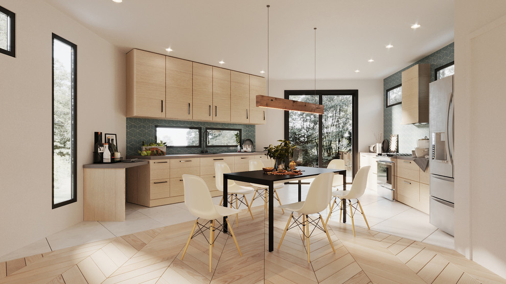 This is an example of a small modern single-wall open plan kitchen in Austin with a built-in sink, flat-panel cabinets, light wood cabinets, composite countertops, blue splashback, ceramic splashback, stainless steel appliances, light hardwood flooring, no island, beige floors and grey worktops.