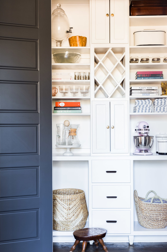 Traditional kitchen pantry in Nashville with white cabinets and open cabinets.