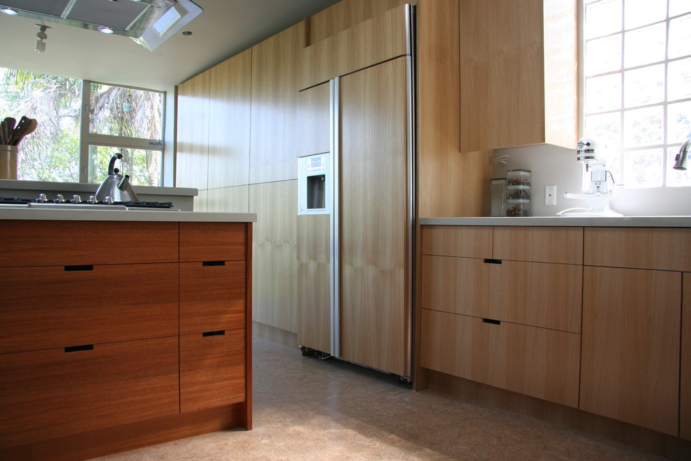 Modelo de cocinas en U contemporáneo cerrado con fregadero bajoencimera, armarios con paneles lisos, puertas de armario de madera oscura, encimera de cuarzo compacto y electrodomésticos con paneles