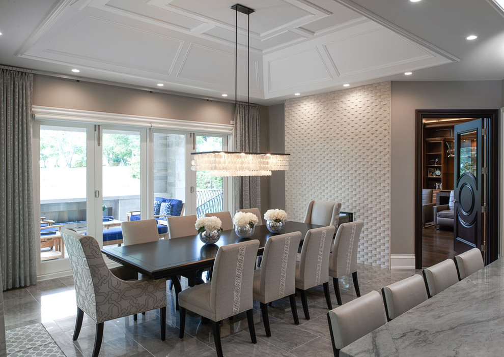 Expansive contemporary kitchen/dining room in Detroit with porcelain flooring.