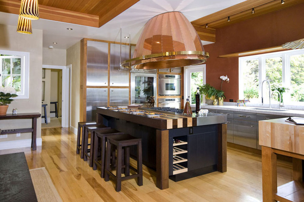Inspiration for an eclectic kitchen remodel in San Francisco with flat-panel cabinets, stainless steel cabinets and wood countertops