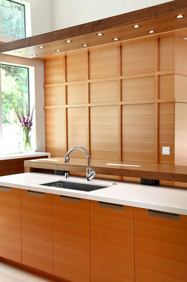 Example of a mid-sized trendy u-shaped kitchen design in San Francisco with light wood cabinets