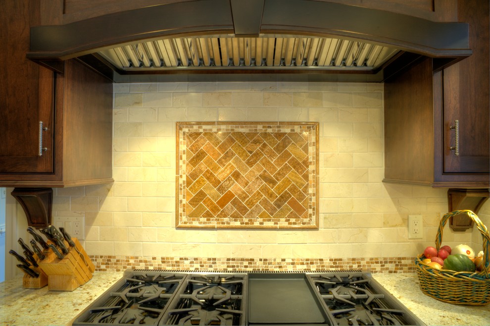 Inspiration for a large timeless u-shaped ceramic tile eat-in kitchen remodel in DC Metro with beaded inset cabinets, dark wood cabinets, granite countertops, beige backsplash, subway tile backsplash, stainless steel appliances and an island