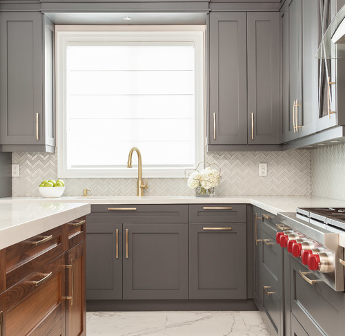 Sophisticated: Dark Gray Shaker Cabinets and White Glass Herringbone Tiles for Kitchen Sink Backsplash Ideas