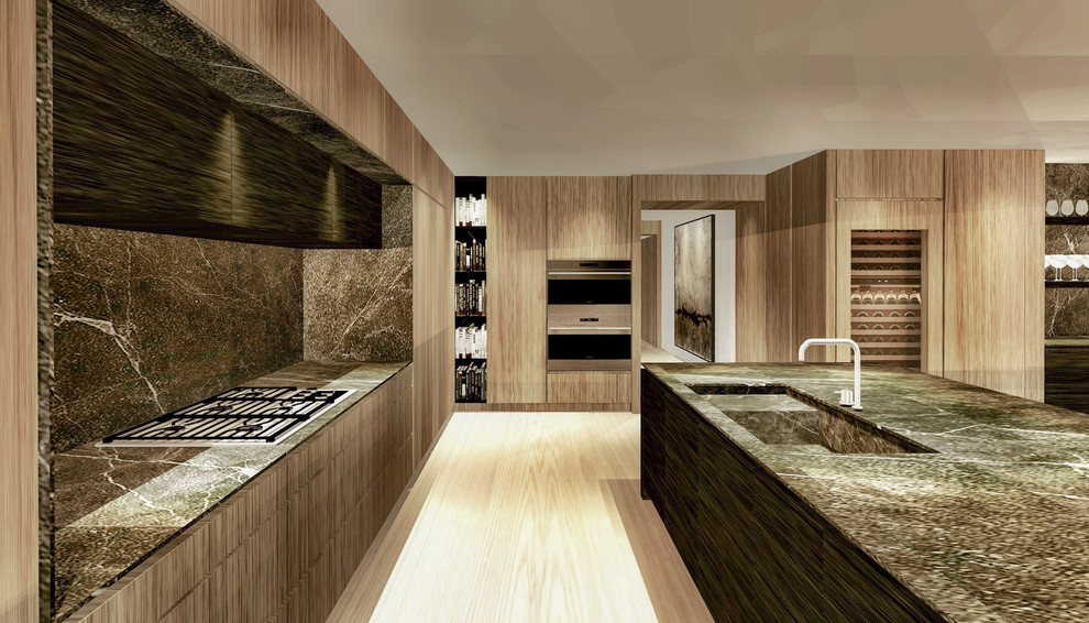Exempel på ett stort modernt grå linjärt grått kök och matrum, med en integrerad diskho, släta luckor, skåp i mellenmörkt trä, marmorbänkskiva, grått stänkskydd, stänkskydd i marmor, integrerade vitvaror, ljust trägolv och en köksö