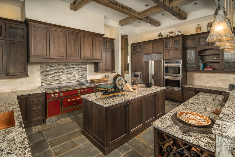 Inspiration for a rustic u-shaped gray floor kitchen remodel in Charlotte with shaker cabinets, dark wood cabinets, multicolored backsplash, mosaic tile backsplash, colored appliances, an island and multicolored countertops