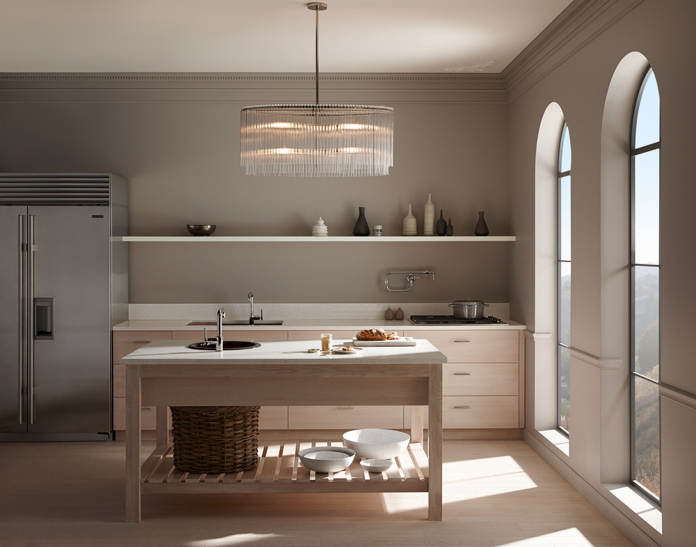 Mid-sized trendy u-shaped light wood floor and beige floor eat-in kitchen photo in Milwaukee with a double-bowl sink, flat-panel cabinets, light wood cabinets, quartz countertops, stainless steel appliances and an island