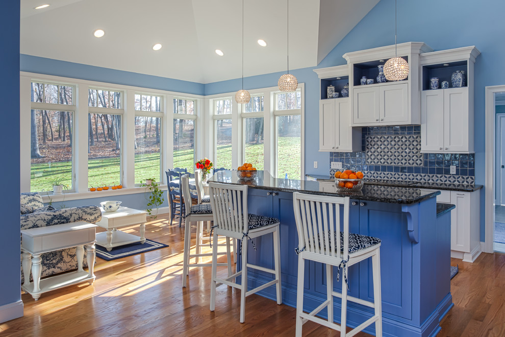 Old Saybrook Blue Romanesque Backsplash Transitional Kitchen