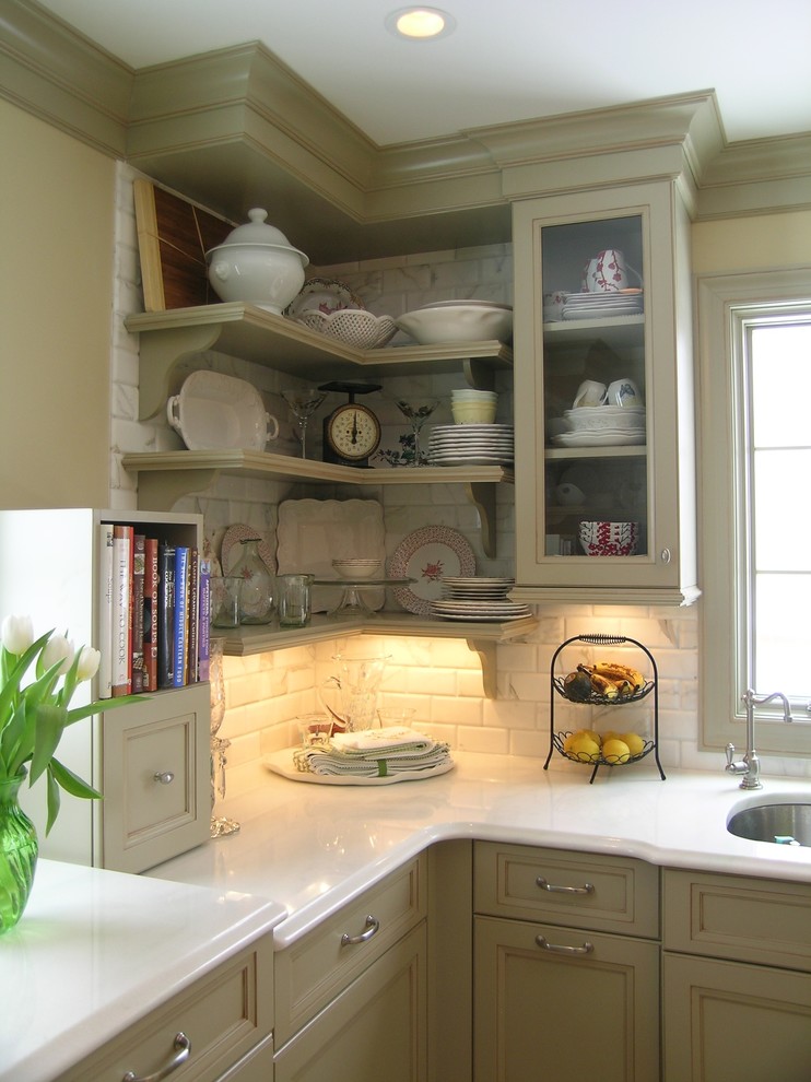Example of a classic kitchen design in Newark with open cabinets, an undermount sink, green cabinets, quartz countertops, white backsplash and stone tile backsplash