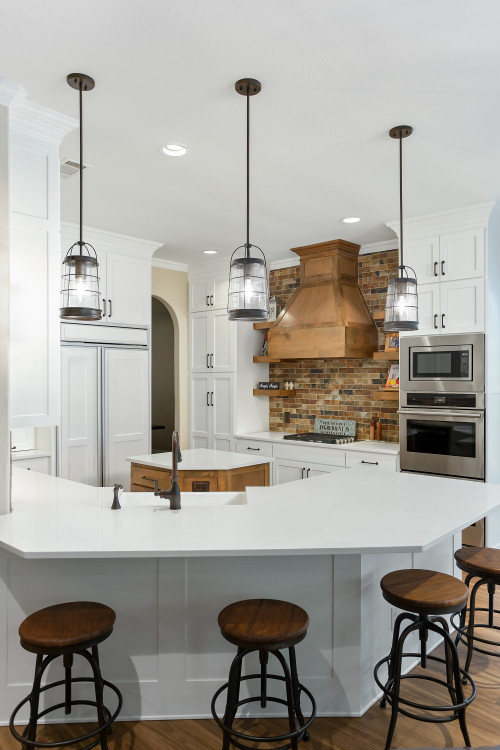 All White Shaker Cabinets with Multicolored Stone Tile Backsplash for Rustic Kitchen Cabinet Inspirations