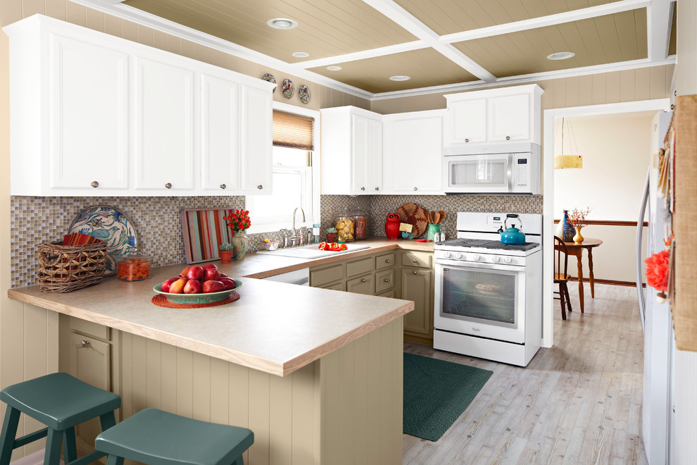 Mid-sized transitional u-shaped light wood floor eat-in kitchen photo in Charlotte with a double-bowl sink, recessed-panel cabinets, white cabinets, wood countertops, multicolored backsplash, mosaic tile backsplash, white appliances and no island