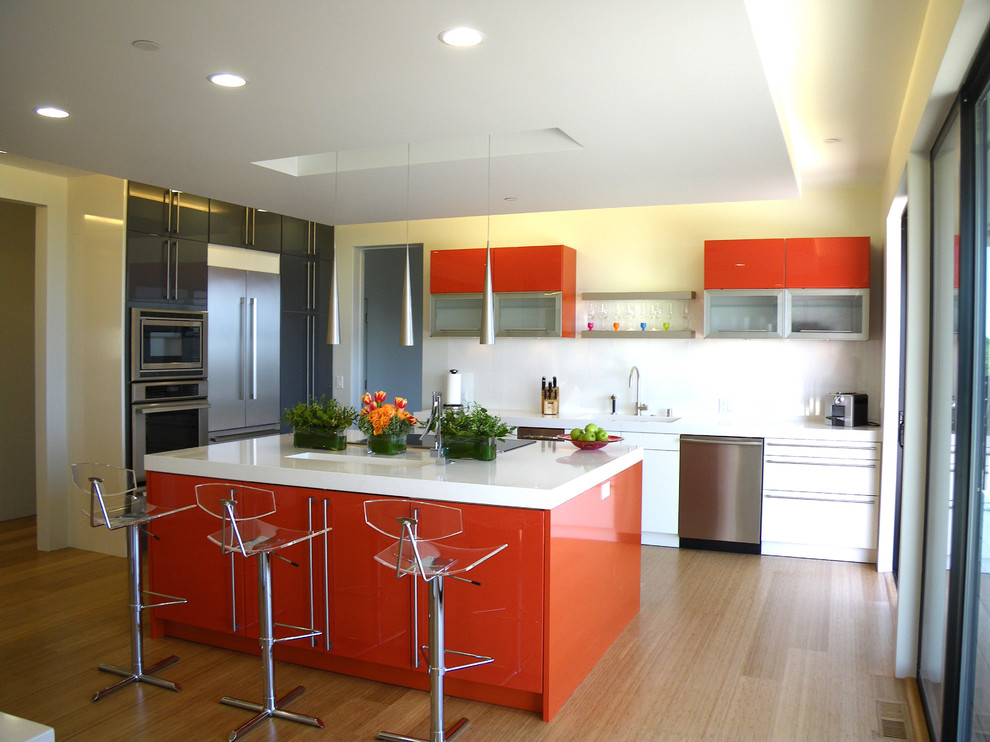 Trendy kitchen photo in San Francisco with red cabinets