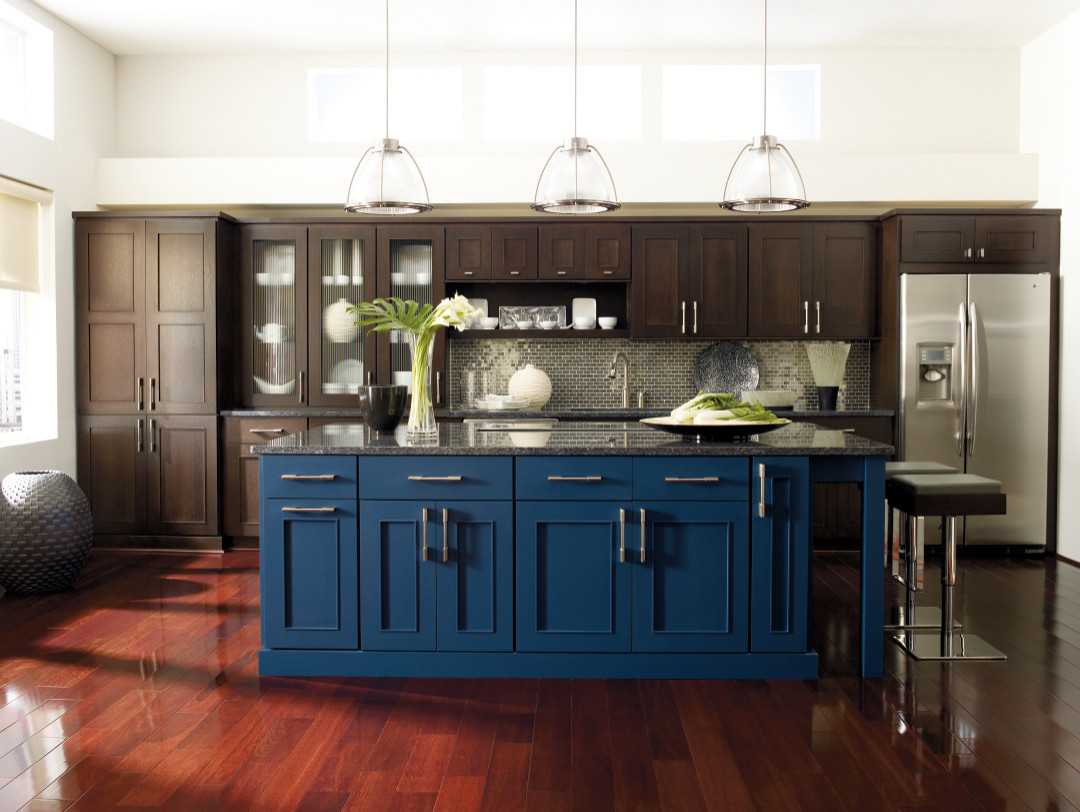 Omega Cabinetry Dark Wood Cabinets With Bold Blue Island Modern Kitchen Other By Masterbrand Cabinets Inc Houzz