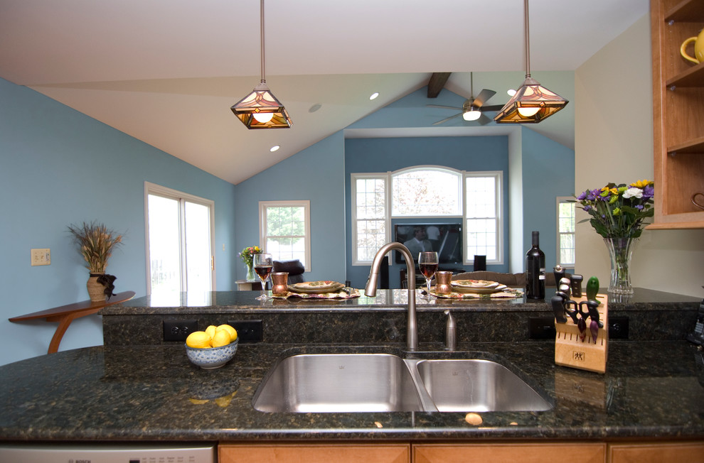 Small elegant u-shaped light wood floor open concept kitchen photo in DC Metro with a double-bowl sink, raised-panel cabinets, light wood cabinets, granite countertops and stainless steel appliances