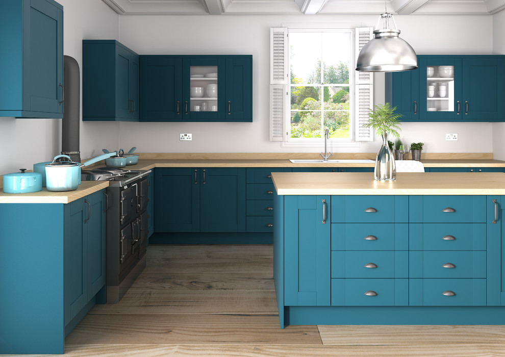 Inspiration for a mid-sized contemporary l-shaped enclosed kitchen remodel in West Midlands with shaker cabinets, wood countertops, paneled appliances and an island