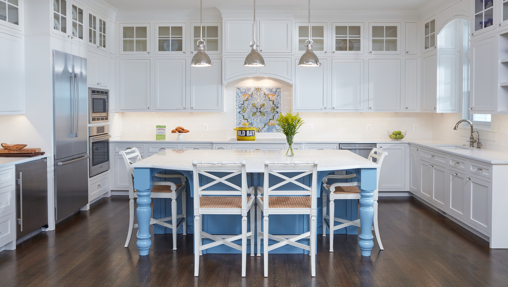 Photo of a large coastal kitchen in Baltimore with a submerged sink, white cabinets, granite worktops, mosaic tiled splashback, stainless steel appliances, an island, shaker cabinets, multi-coloured splashback and dark hardwood flooring.