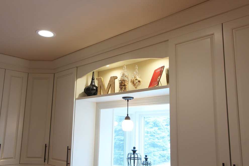 Open Shelf Above Sink with Arched Valance Traditional Kitchen