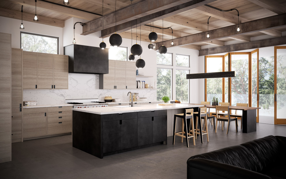 Inspiration for a large contemporary u-shaped concrete floor open concept kitchen remodel in Seattle with stone slab backsplash, flat-panel cabinets, light wood cabinets, marble countertops, white backsplash and an island