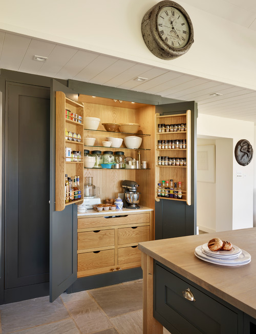 Dark Gray Pantry Storage Cabinet: Unique Pantry Ideas in a Transitional Kitchen