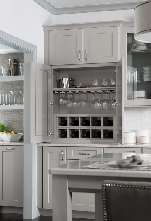 Elegant Transitional Kitchen with Kitchen Storage Cabinet Solutions in Light Grey Cabinets