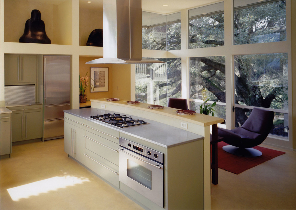 Moderne Wohnküche in U-Form mit Unterbauwaschbecken, flächenbündigen Schrankfronten, grünen Schränken, Edelstahl-Arbeitsplatte, Küchenrückwand in Metallic, Küchengeräten aus Edelstahl und Rückwand aus Metallfliesen in San Francisco