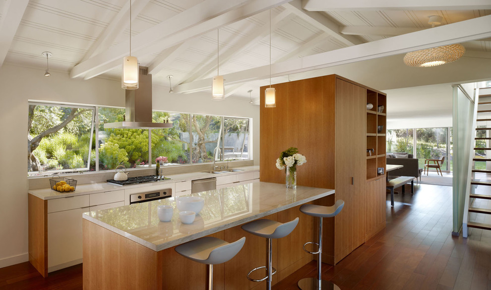 Идея дизайна: параллельная кухня в стиле модернизм с обеденным столом и плоскими фасадами