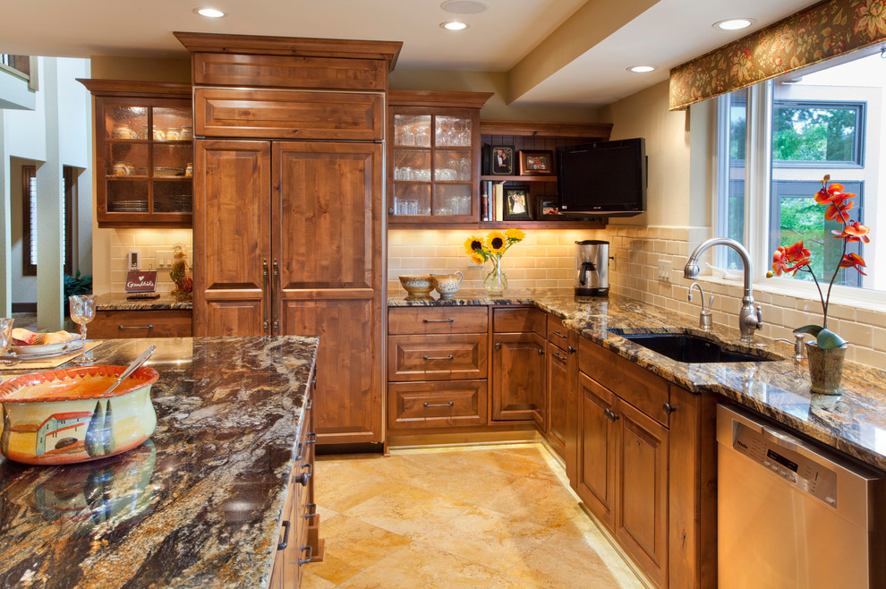 Example of a classic u-shaped open concept kitchen design in Portland with an undermount sink, raised-panel cabinets, gray cabinets, soapstone countertops, yellow backsplash, ceramic backsplash and colored appliances