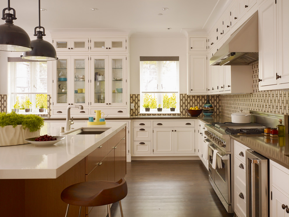 Esempio di una cucina classica con lavello sottopiano, ante di vetro, ante bianche, paraspruzzi multicolore, elettrodomestici in acciaio inossidabile e parquet scuro