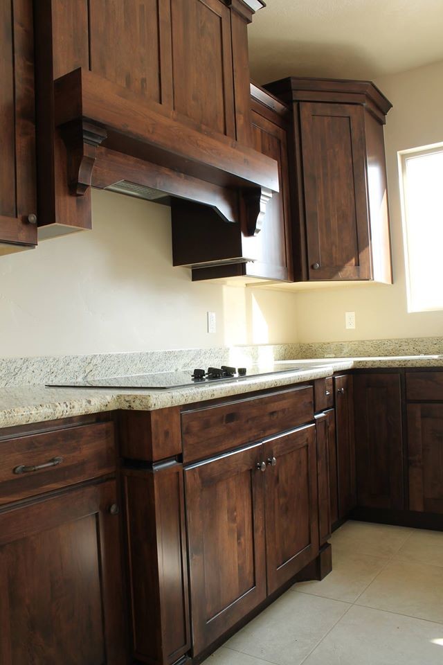 Inspiration pour une cuisine américaine design en bois foncé de taille moyenne avec un placard à porte affleurante, un plan de travail en granite et un électroménager en acier inoxydable.