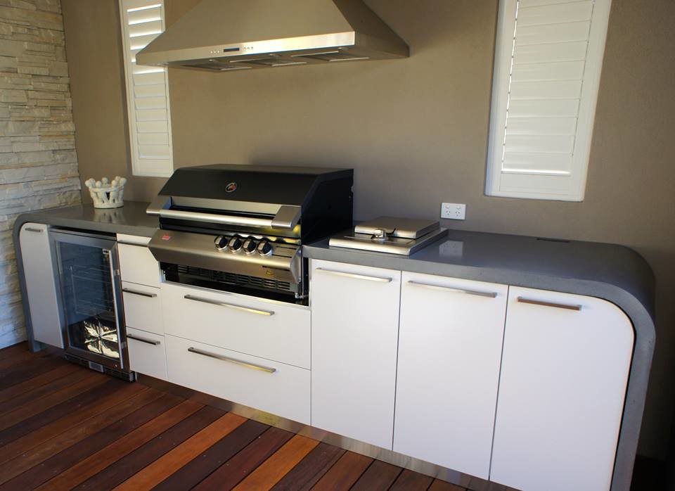 Outdoor Kitchen polished concrete benchtops with waterfall ends