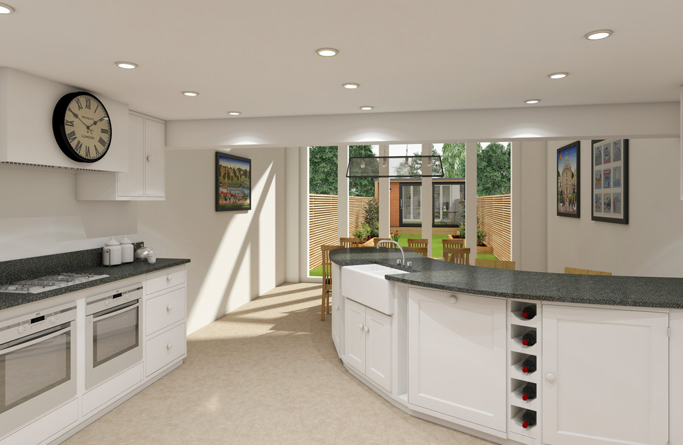This is an example of a medium sized contemporary l-shaped kitchen/diner in Berkshire with a belfast sink, shaker cabinets, white cabinets, marble worktops, white splashback and a breakfast bar.