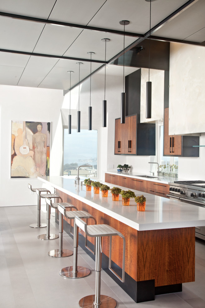 Zweizeilige, Geräumige Moderne Küche mit flächenbündigen Schrankfronten, Kücheninsel, Unterbauwaschbecken und Küchengeräten aus Edelstahl in San Francisco